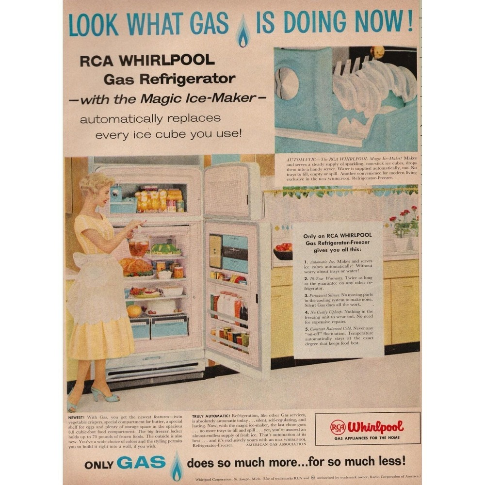 RCA Whirlpool Gas Refrigerator Magic Ice Maker Mid Century Vintage Print Ad 1958